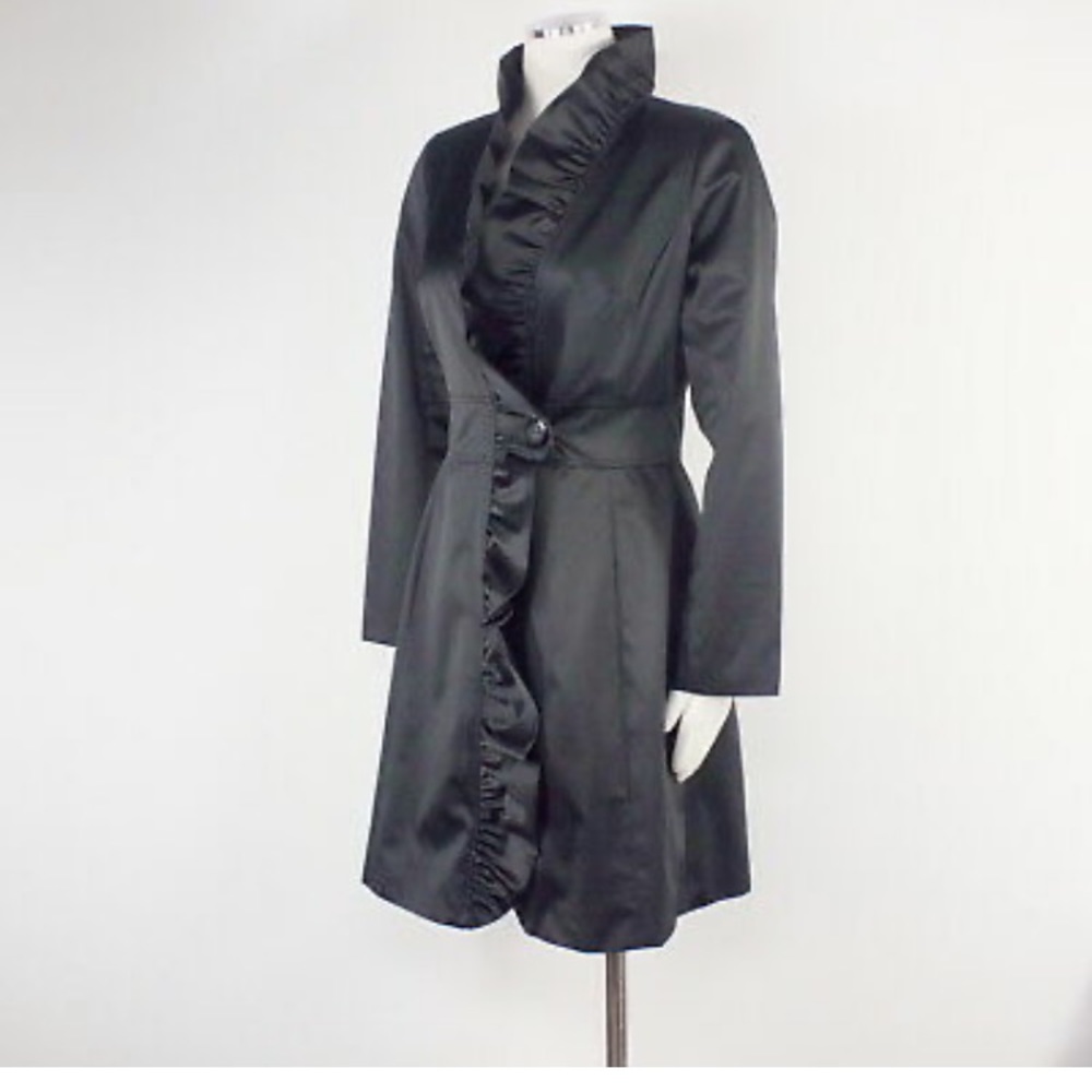 WHBM ruffle dress coat black satin